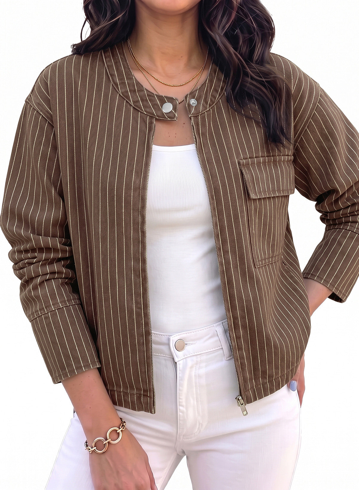 Dokotoo Women's Striped Denim Jacket 2026 Fall Zipper Button Jeans Coats