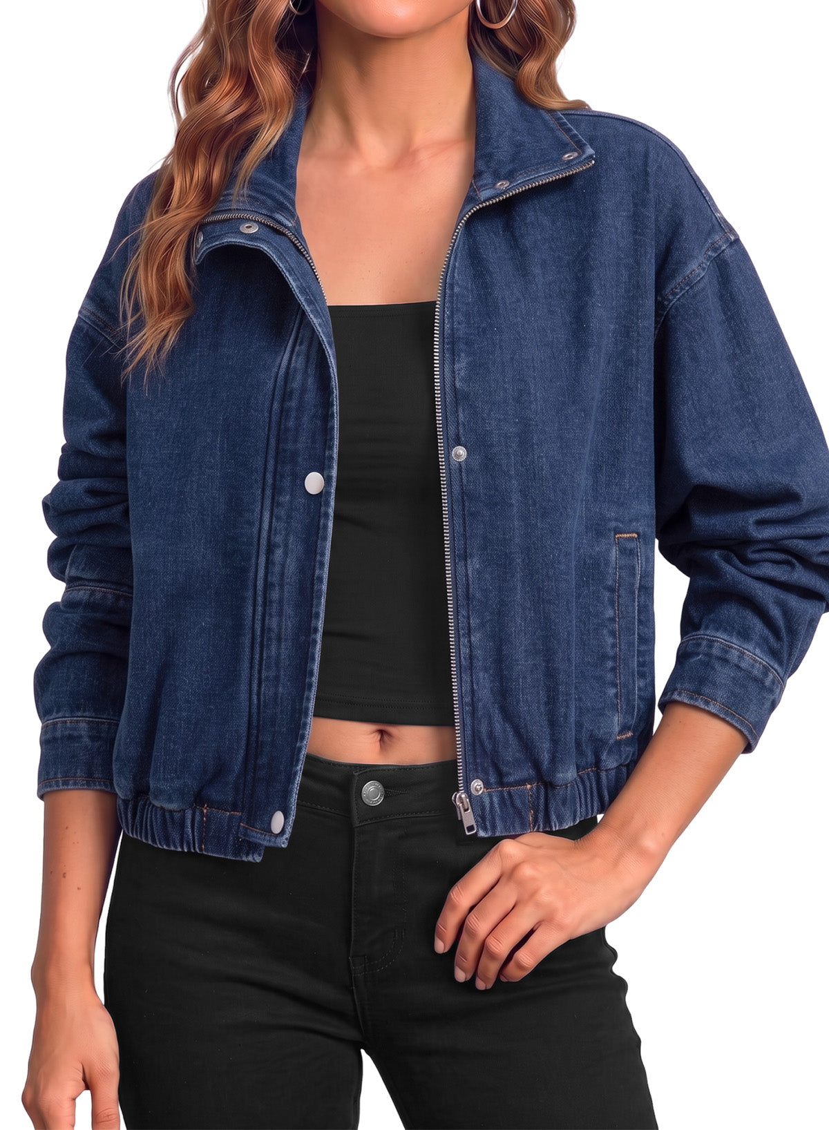 Dokotoo Womens Cropped Jean Jacket Zip Up Oversized Denim Jacket