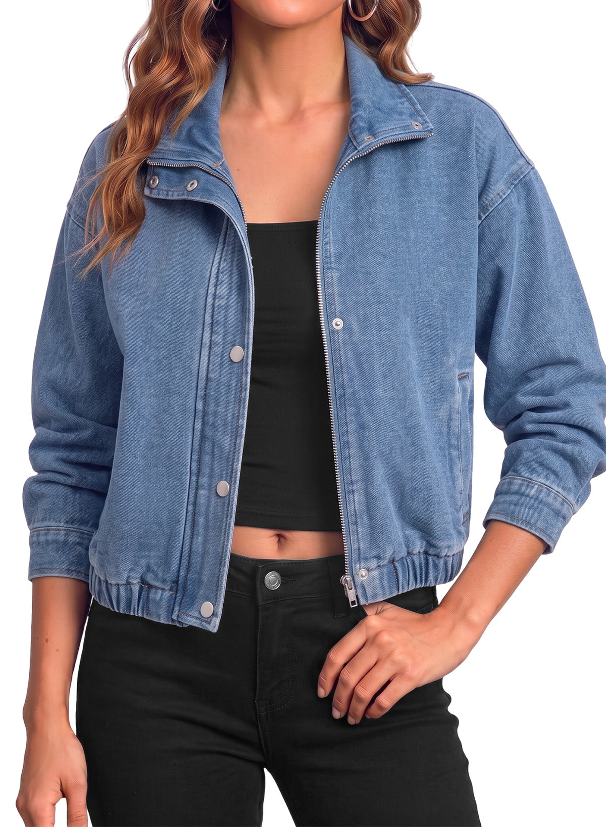 Dokotoo Womens Cropped Jean Jacket Zip Up Oversized Denim Jacket