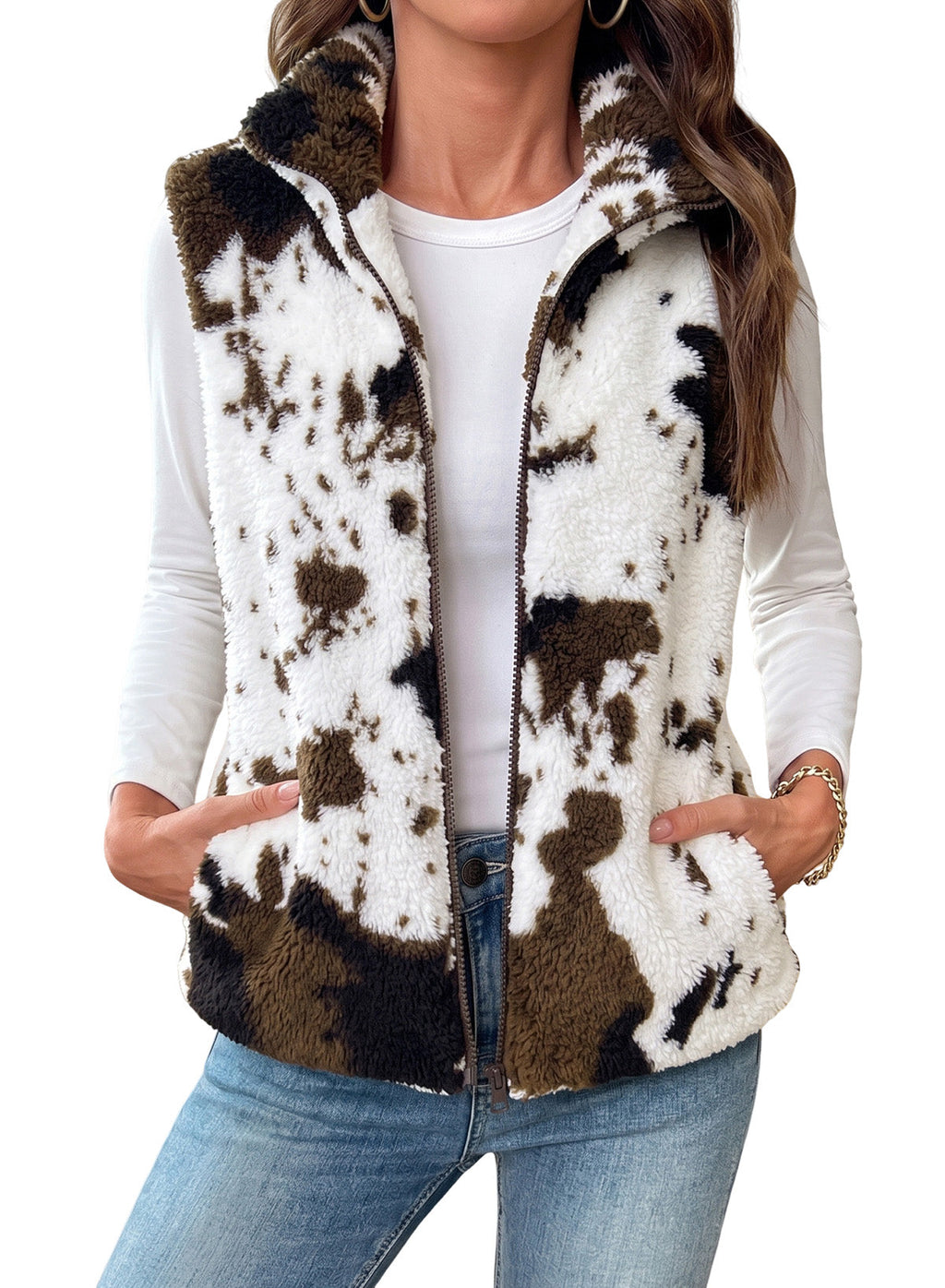 Dokotoo Womens Fleece Vest Zip Up Cow Print Sherpa Sleeveless Jacket