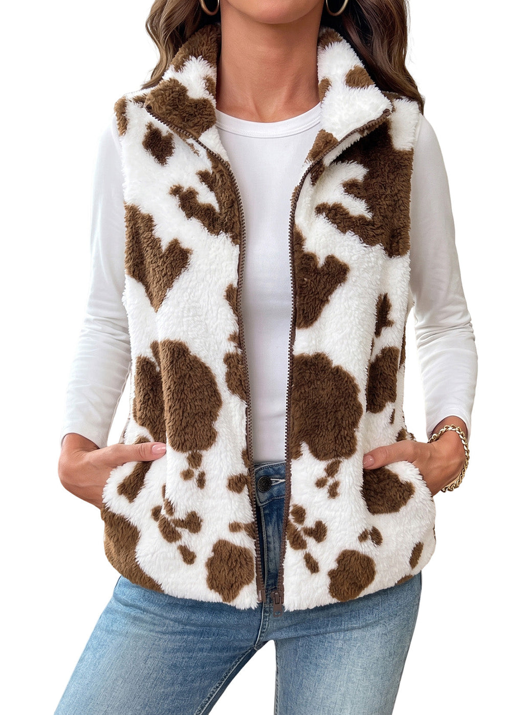 Dokotoo Womens Fleece Vest Zip Up Cow Print Sherpa Sleeveless Jacket