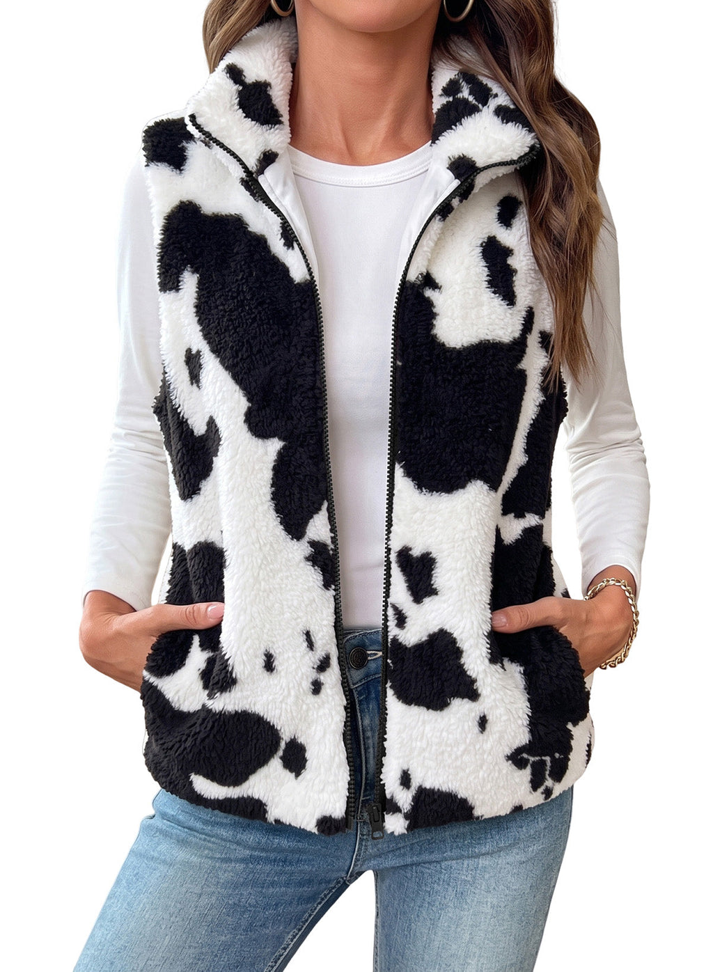 Dokotoo Womens Fleece Vest Zip Up Cow Print Sherpa Sleeveless Jacket