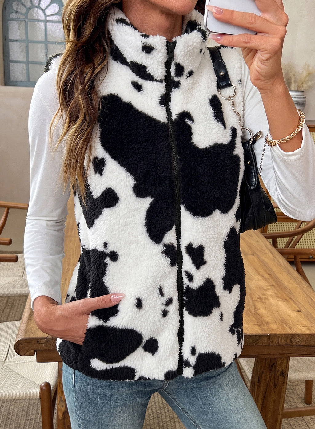 Dokotoo Womens Fleece Vest Zip Up Cow Print Sherpa Sleeveless Jacket