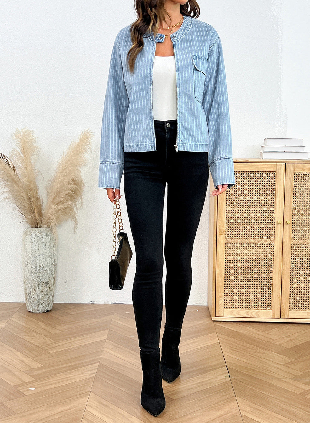 Dokotoo Women's Striped Denim Jacket 2026 Fall Zipper Button Jeans Coats