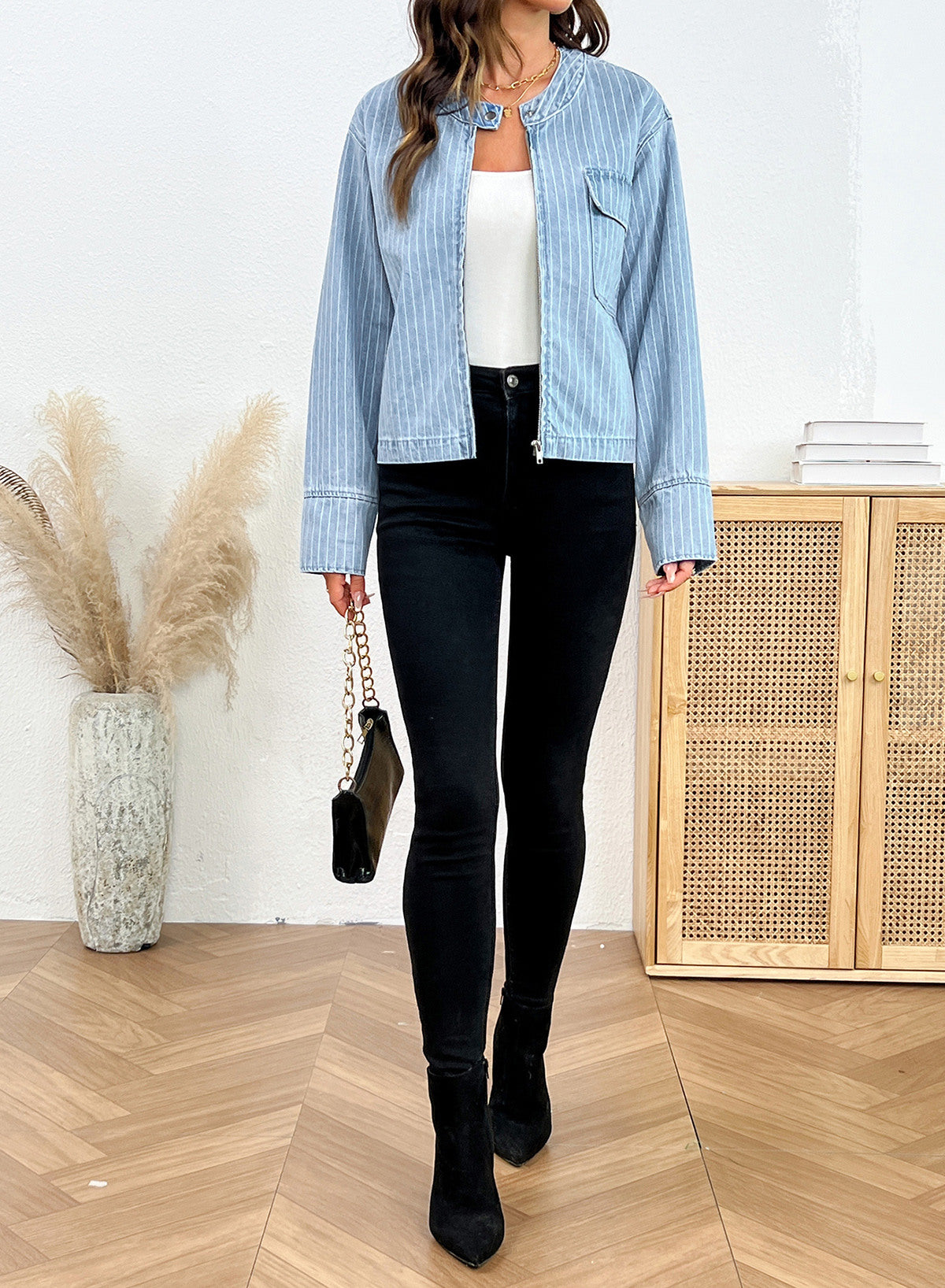 Dokotoo Women's Striped Denim Jacket 2026 Fall Zipper Button Jeans Coats