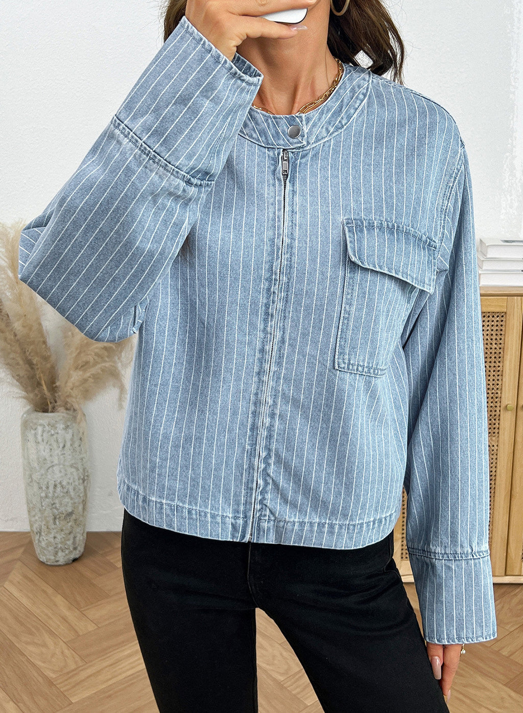 Dokotoo Women's Striped Denim Jacket 2026 Fall Zipper Button Jeans Coats
