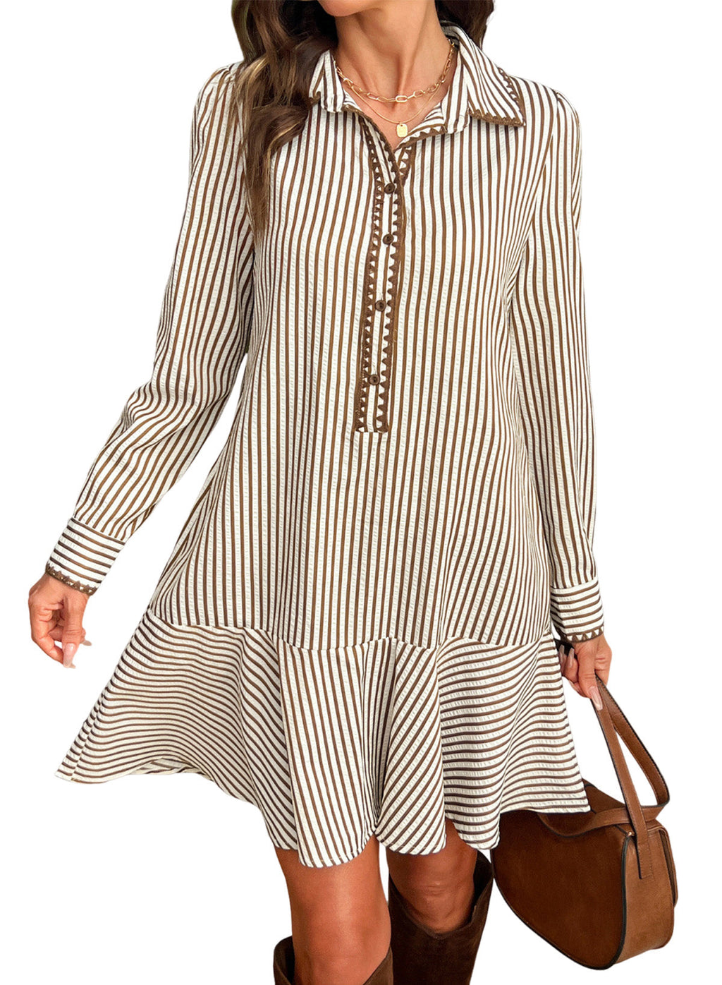 Dokotoo Womens Dresses Striped Button Babydoll Ruffle Hem Mini Dress