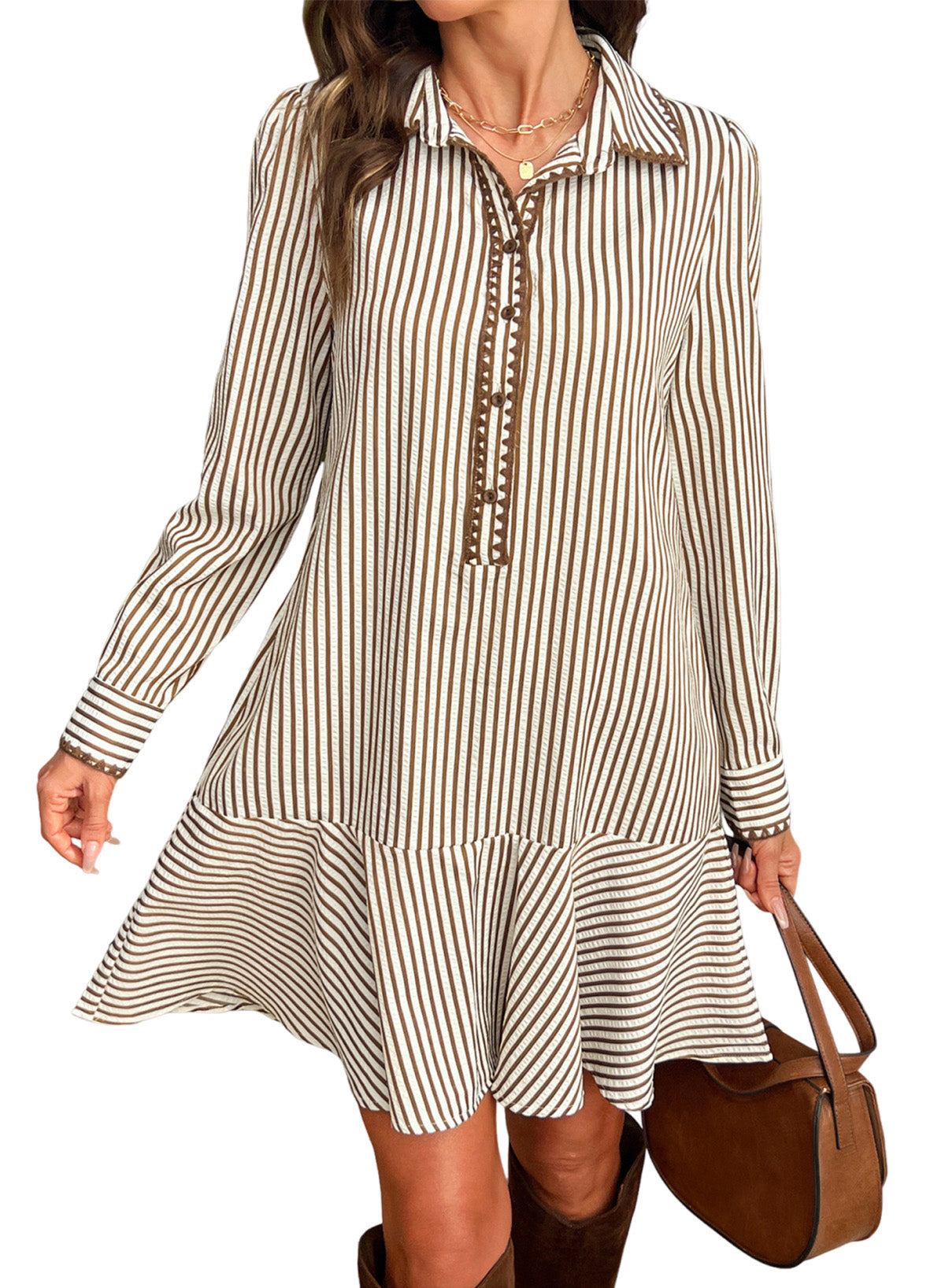 Dokotoo Womens Dresses Striped Button Babydoll Ruffle Hem Mini Dress