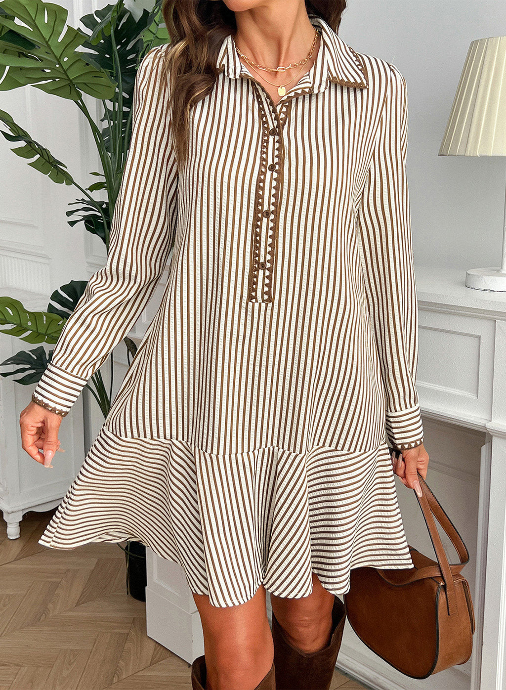 Dokotoo Womens Dresses Striped Button Babydoll Ruffle Hem Mini Dress