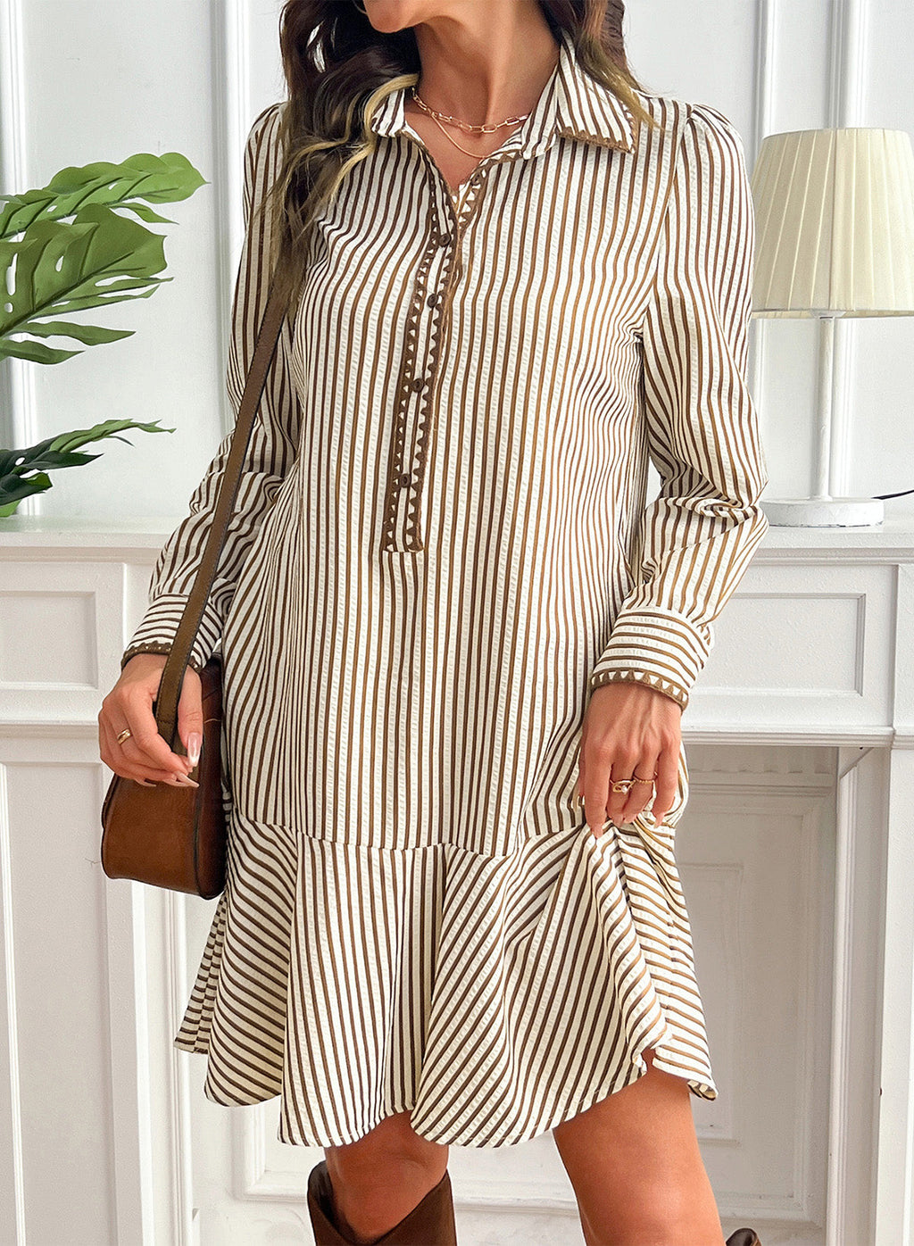 Dokotoo Womens Dresses Striped Button Babydoll Ruffle Hem Mini Dress