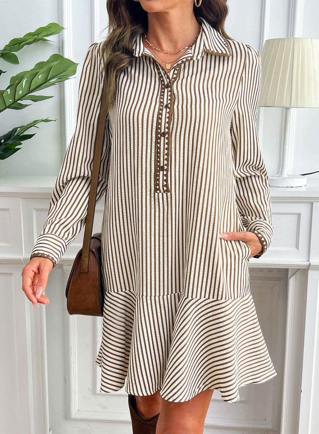 Dokotoo Womens Dresses Striped Button Babydoll Ruffle Hem Mini Dress