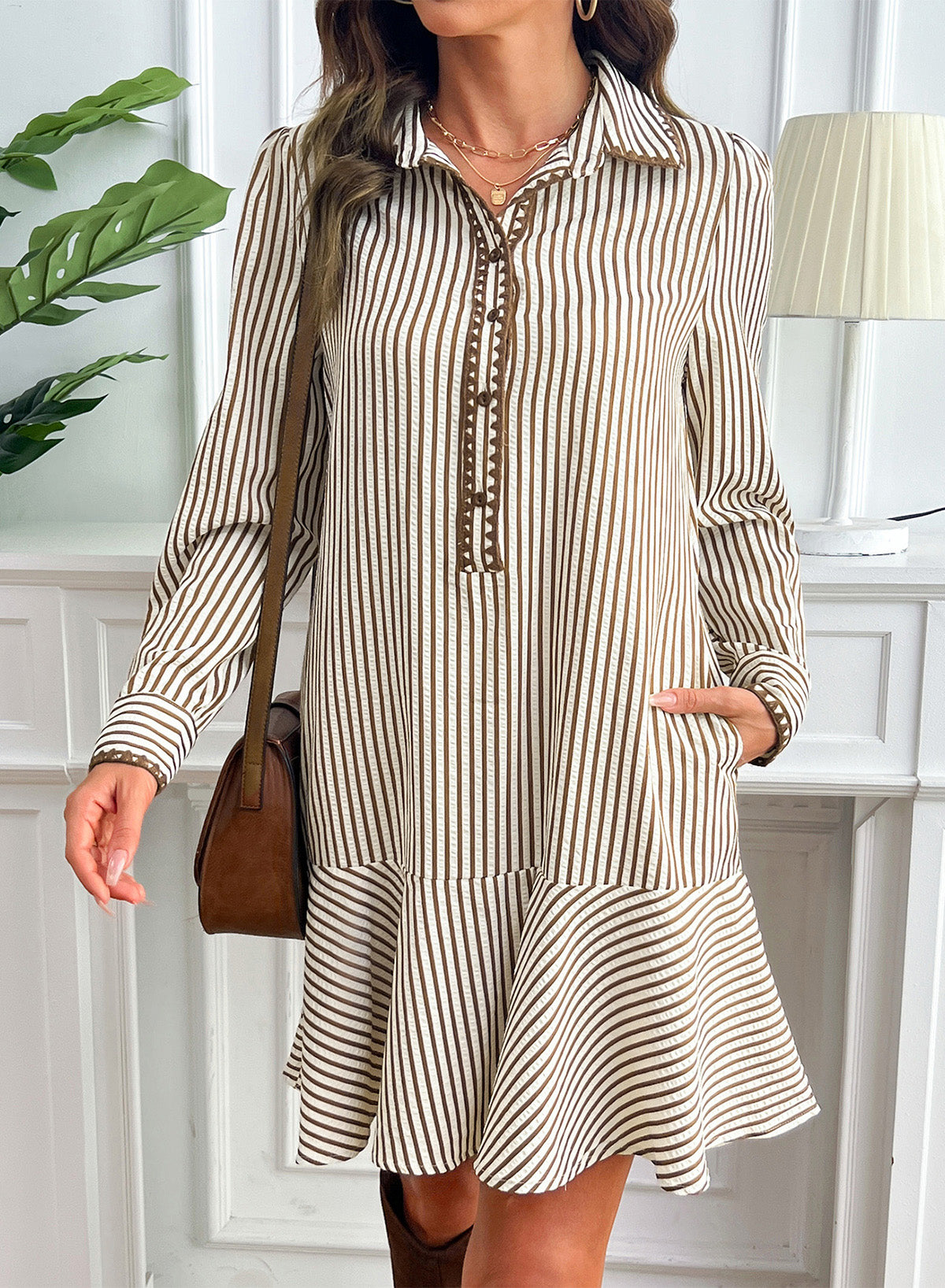 Dokotoo Womens Dresses Striped Button Babydoll Ruffle Hem Mini Dress