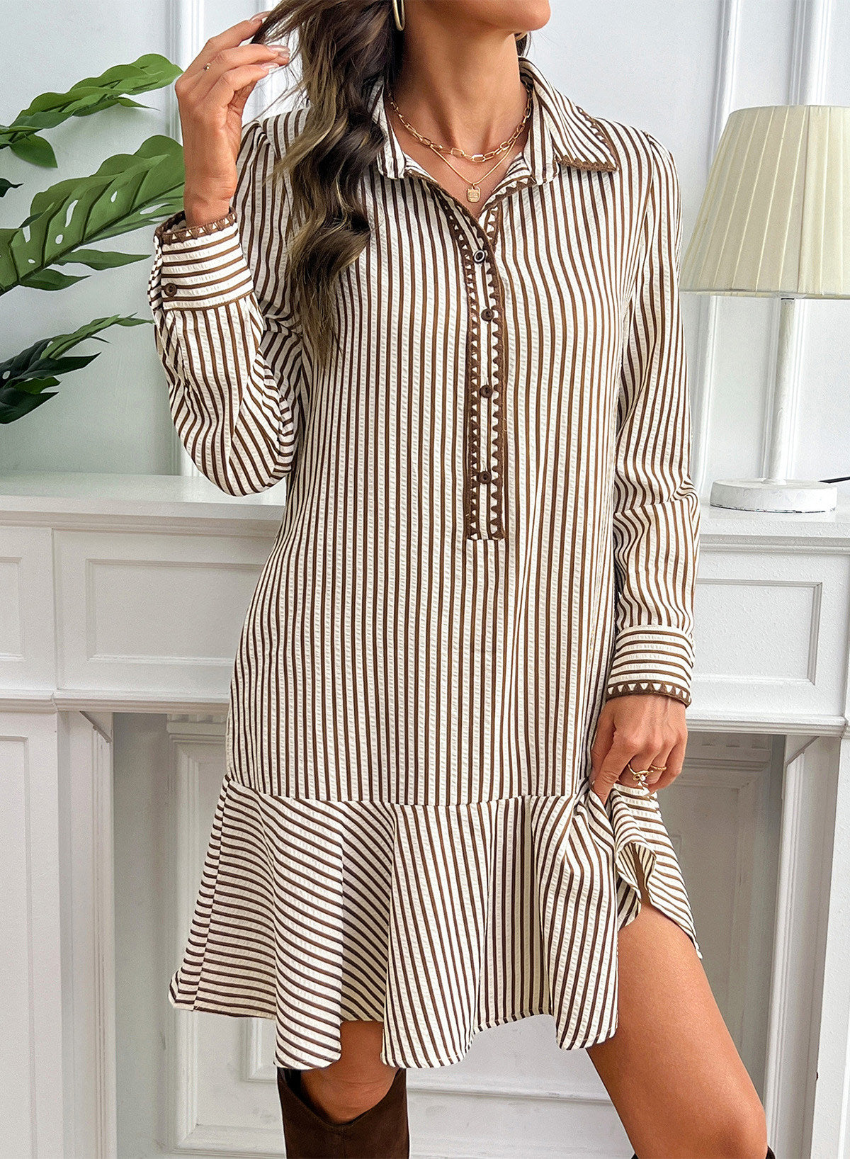 Dokotoo Womens Dresses Striped Button Babydoll Ruffle Hem Mini Dress