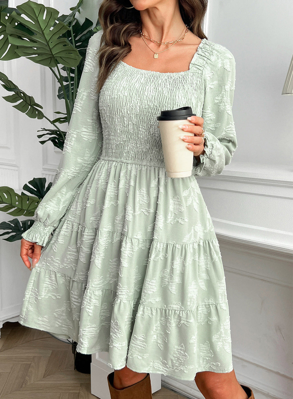 Dokotoo Womens Dresses Long Sleeve Square Neck Smocked Floral Burnout Swing Mini Dress
