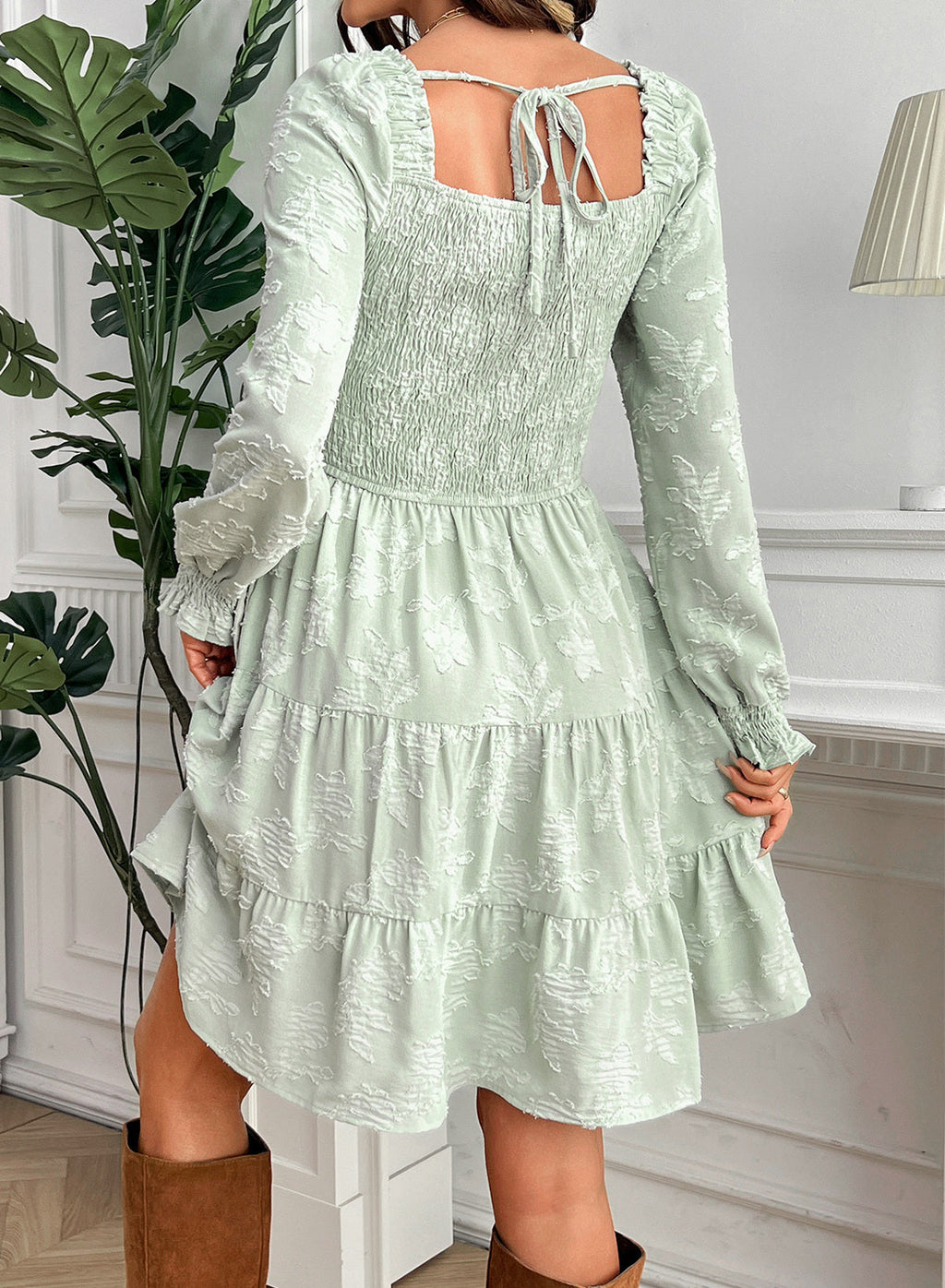 Dokotoo Womens Dresses Long Sleeve Square Neck Smocked Floral Burnout Swing Mini Dress