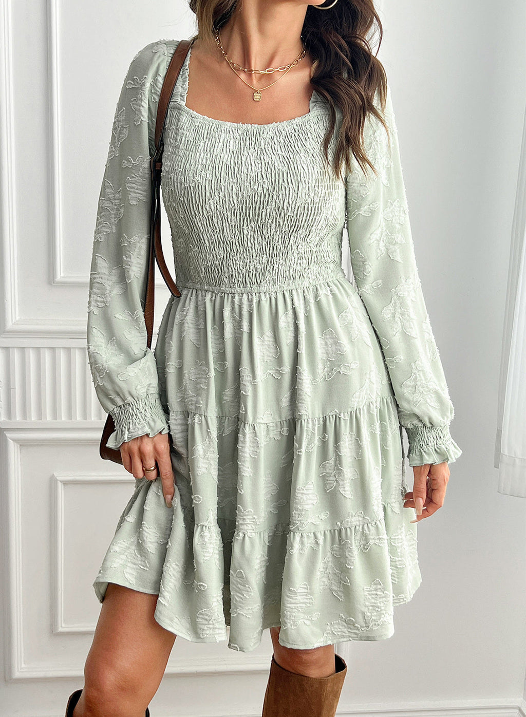 Dokotoo Womens Dresses Long Sleeve Square Neck Smocked Floral Burnout Swing Mini Dress