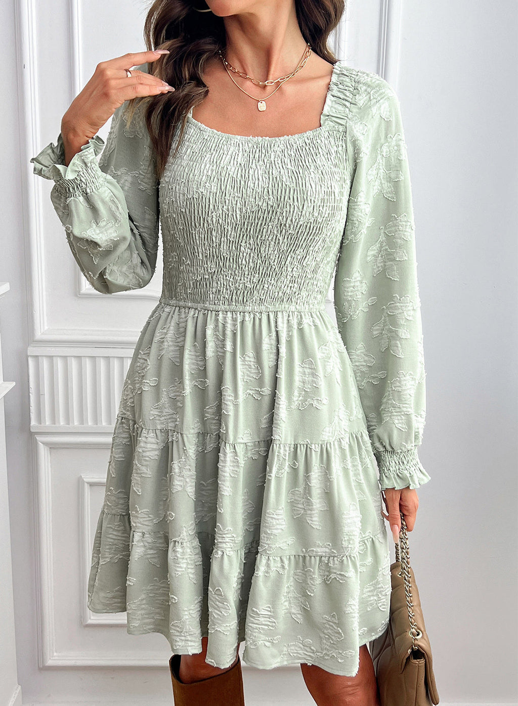 Dokotoo Womens Dresses Long Sleeve Square Neck Smocked Floral Burnout Swing Mini Dress