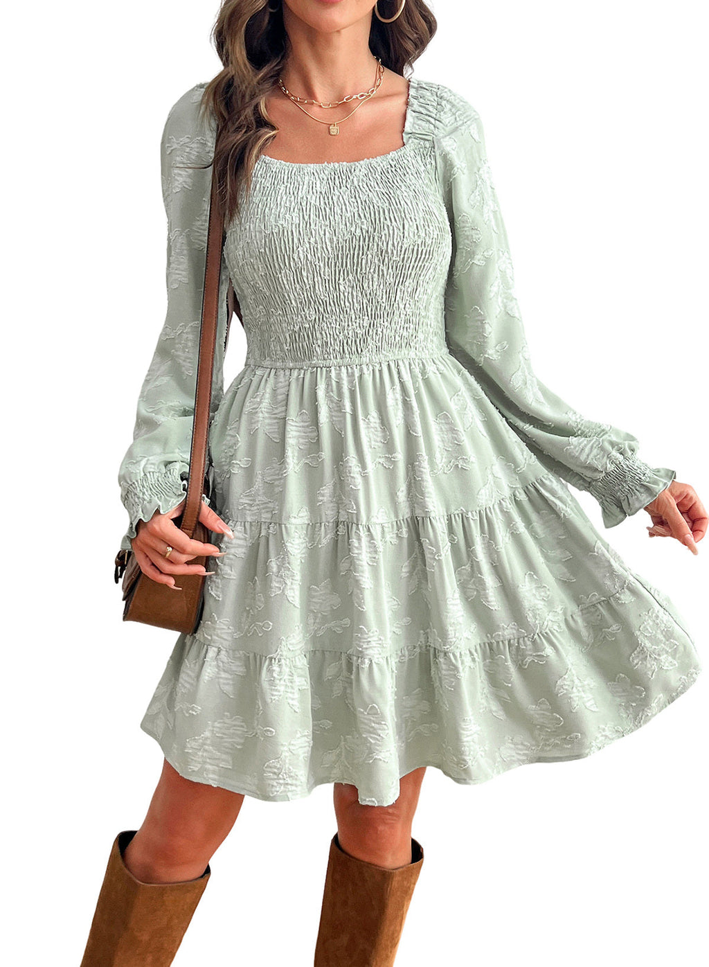Dokotoo Womens Dresses Long Sleeve Square Neck Smocked Floral Burnout Swing Mini Dress