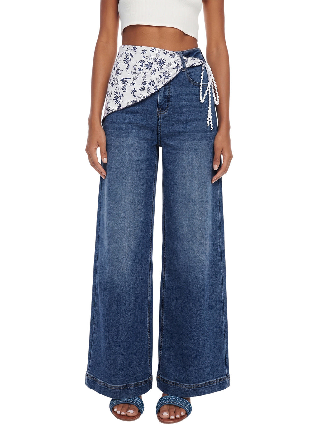 Jeans for Women Wide Leg Denim Stretch Pants with Scarf Belt