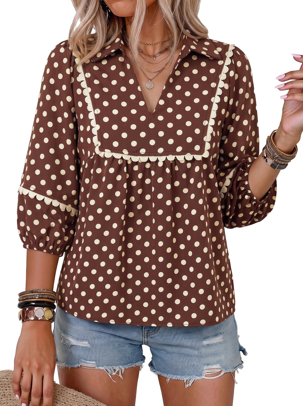 Dokotoo Womens Babydoll Tops 3/4 Sleeve Dressy Casual Blouse Collar Shirts