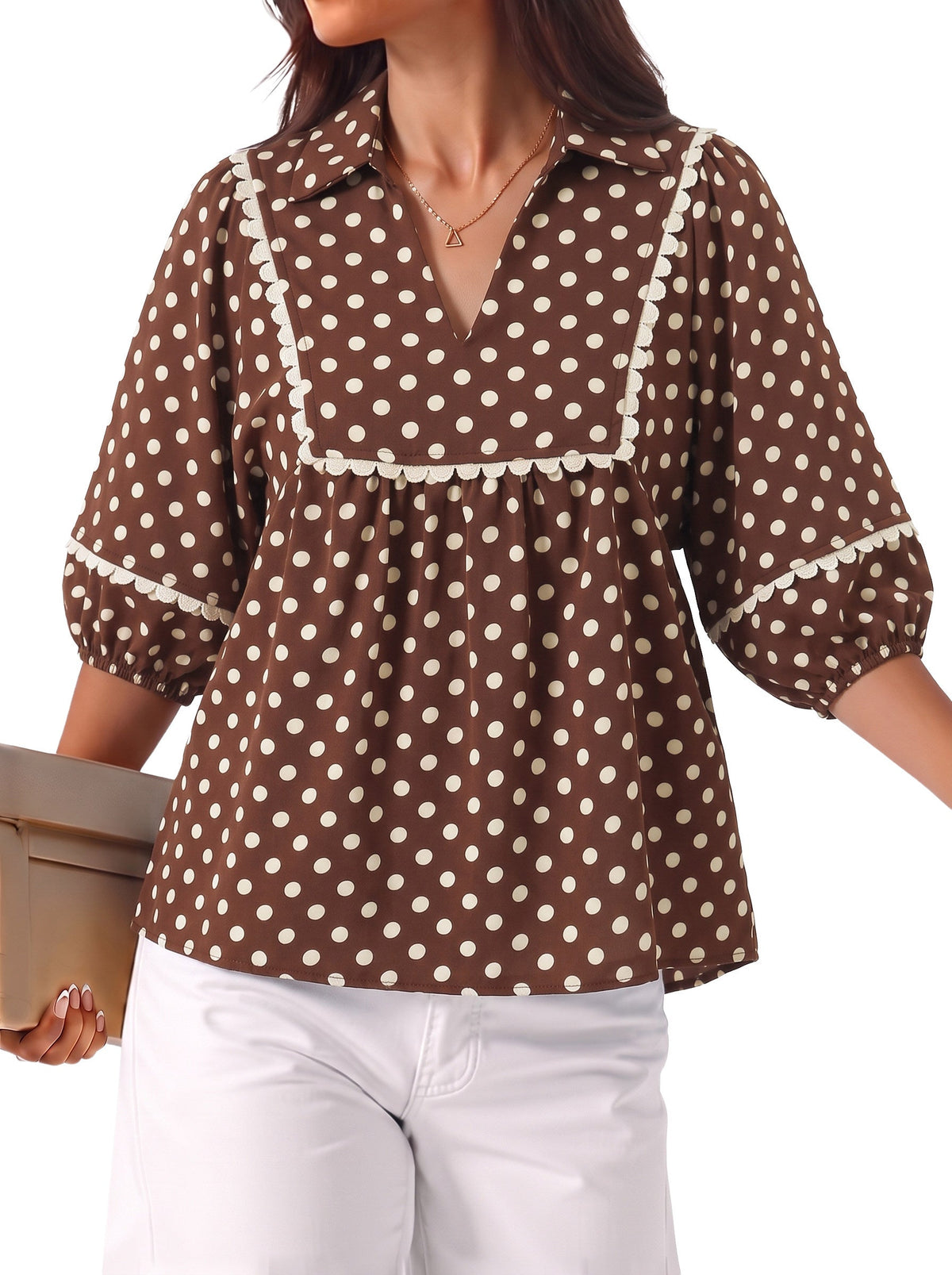 Dokotoo Womens Babydoll Tops 3/4 Sleeve Dressy Casual Blouse Collar Shirts