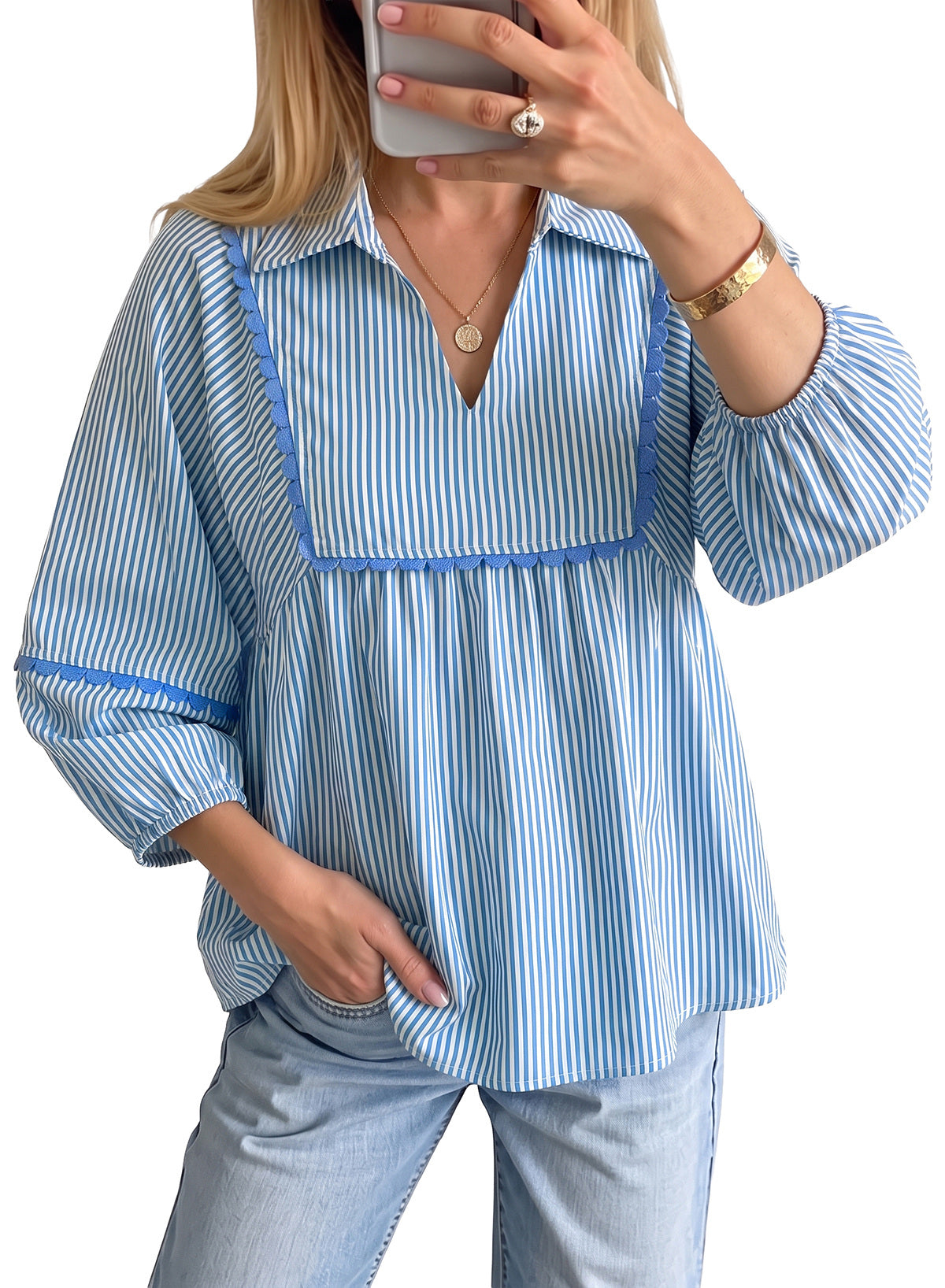 Dokotoo Womens Babydoll Tops 3/4 Sleeve Dressy Casual Blouse Collar Shirts