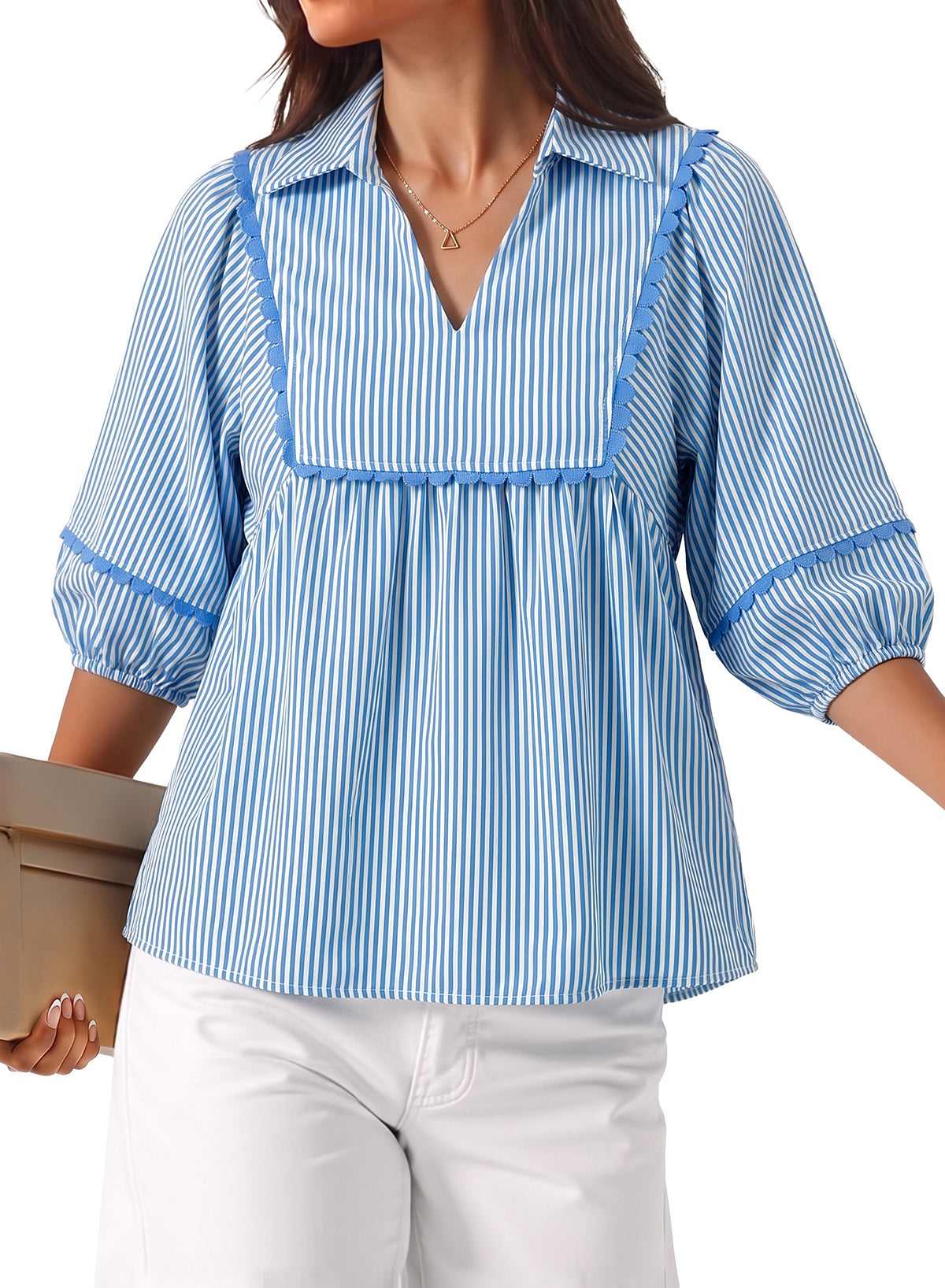 Dokotoo Womens Babydoll Tops 3/4 Sleeve Dressy Casual Blouse Collar Shirts