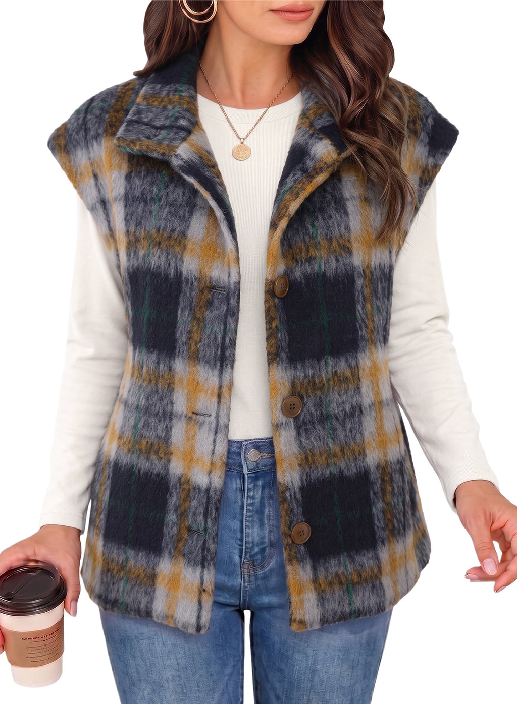 Dokotoo Oversized Plaid Vest Tops for Women Fleece Cap Sleeve Coats