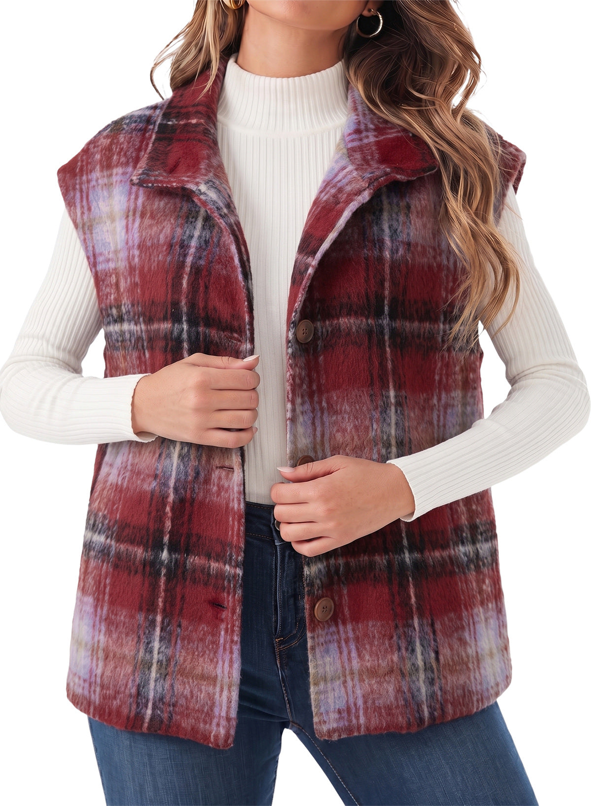 Dokotoo Oversized Plaid Vest Tops for Women Fleece Cap Sleeve Coats