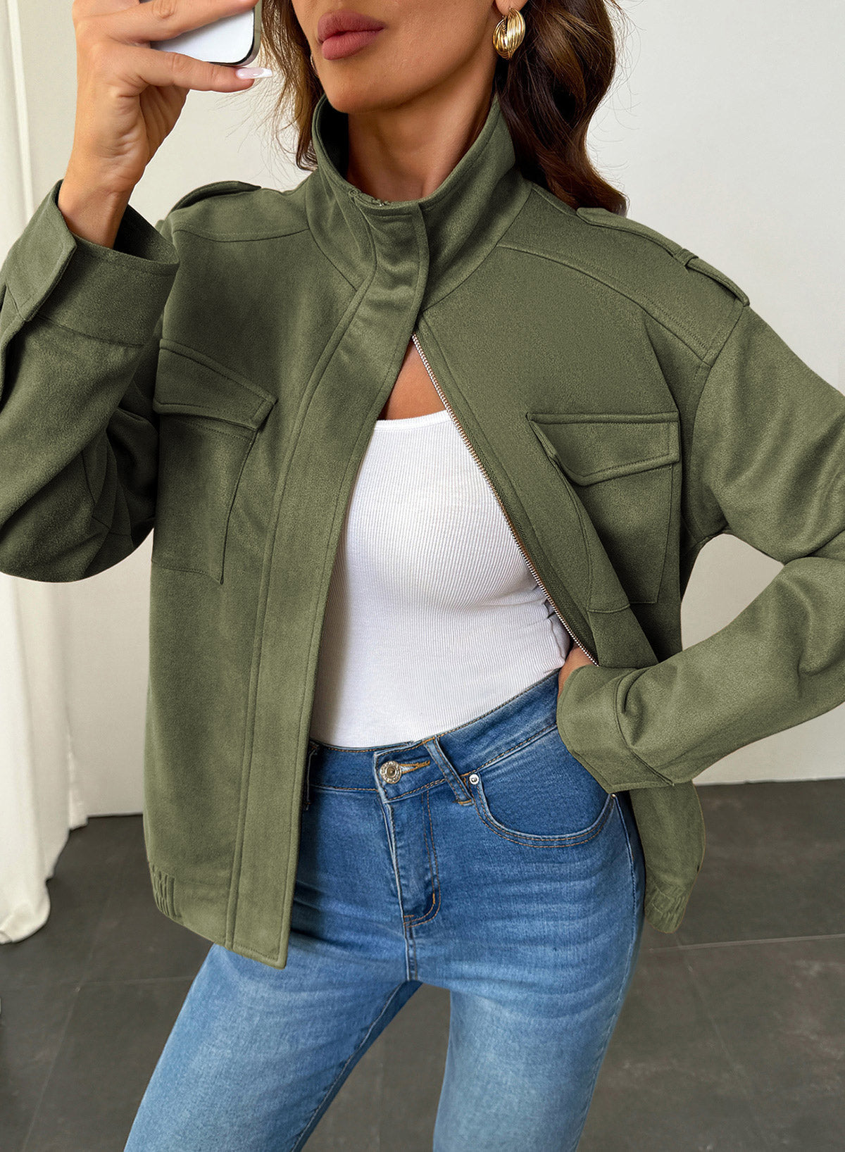 Dokotoo Womens Casual Cropped Bomber Jackets Trendy Solid Zip Up Coats