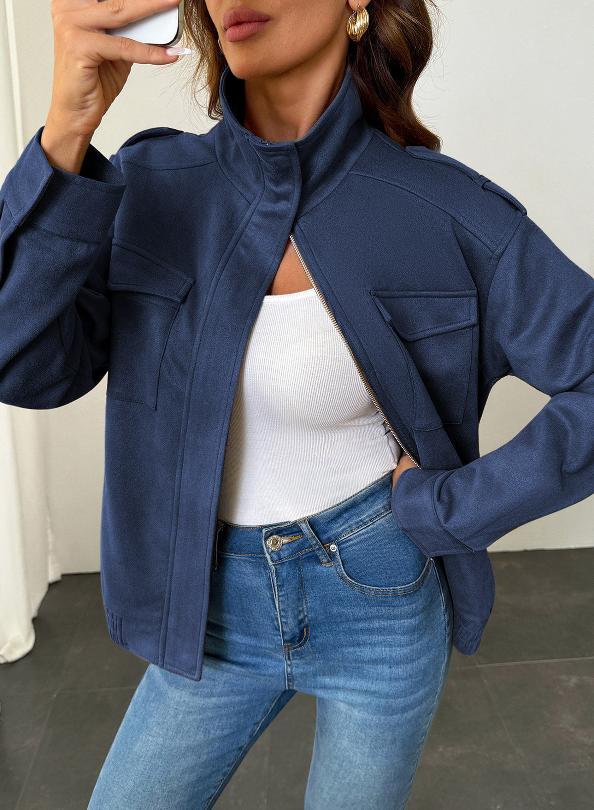 Dokotoo Womens Casual Cropped Bomber Jackets Trendy Solid Zip Up Coats