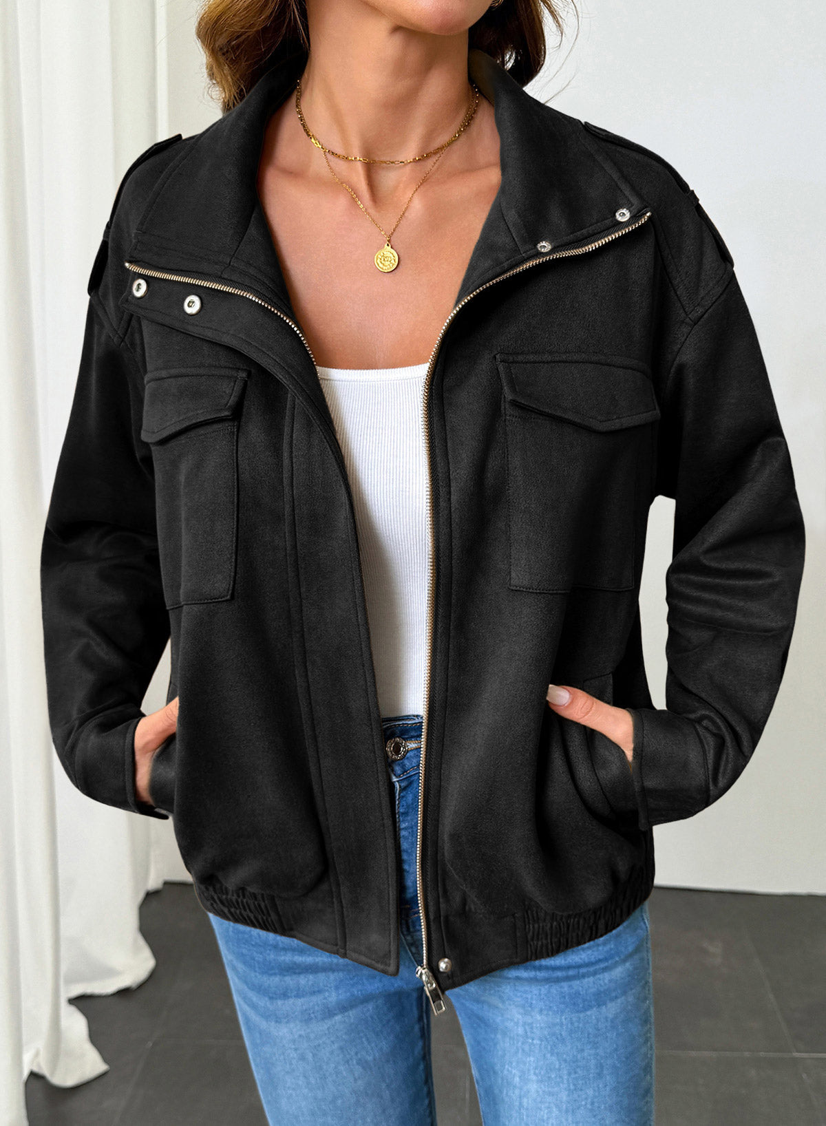 Dokotoo Womens Casual Cropped Bomber Jackets Trendy Solid Zip Up Coats