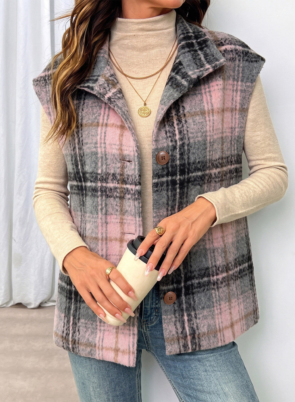Dokotoo Oversized Plaid Vest Tops for Women Fleece Cap Sleeve Coats