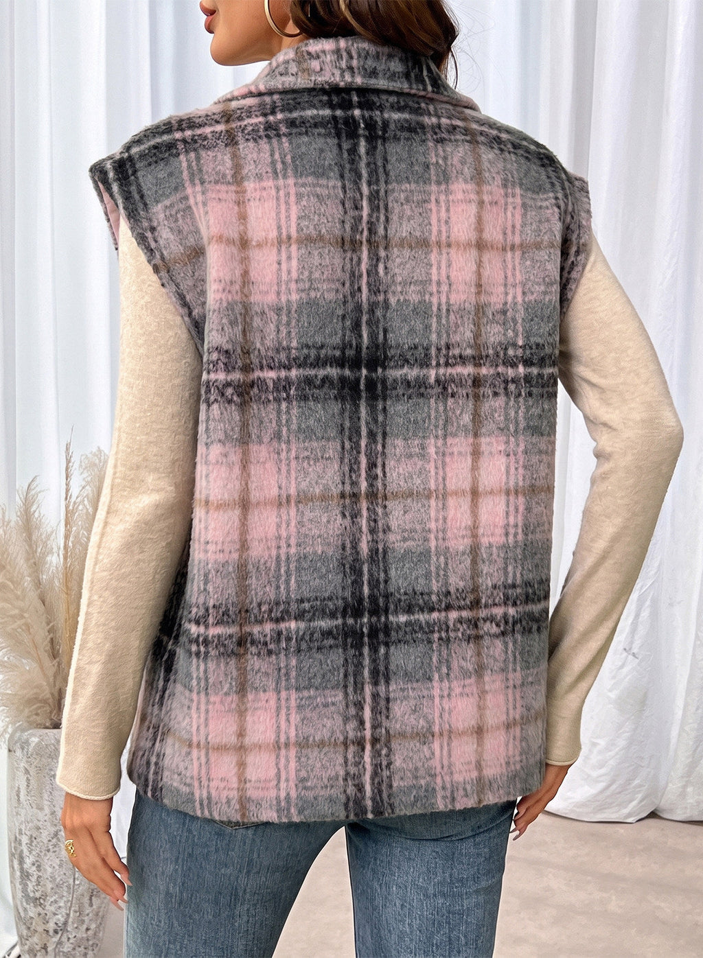 Dokotoo Oversized Plaid Vest Tops for Women Fleece Cap Sleeve Coats
