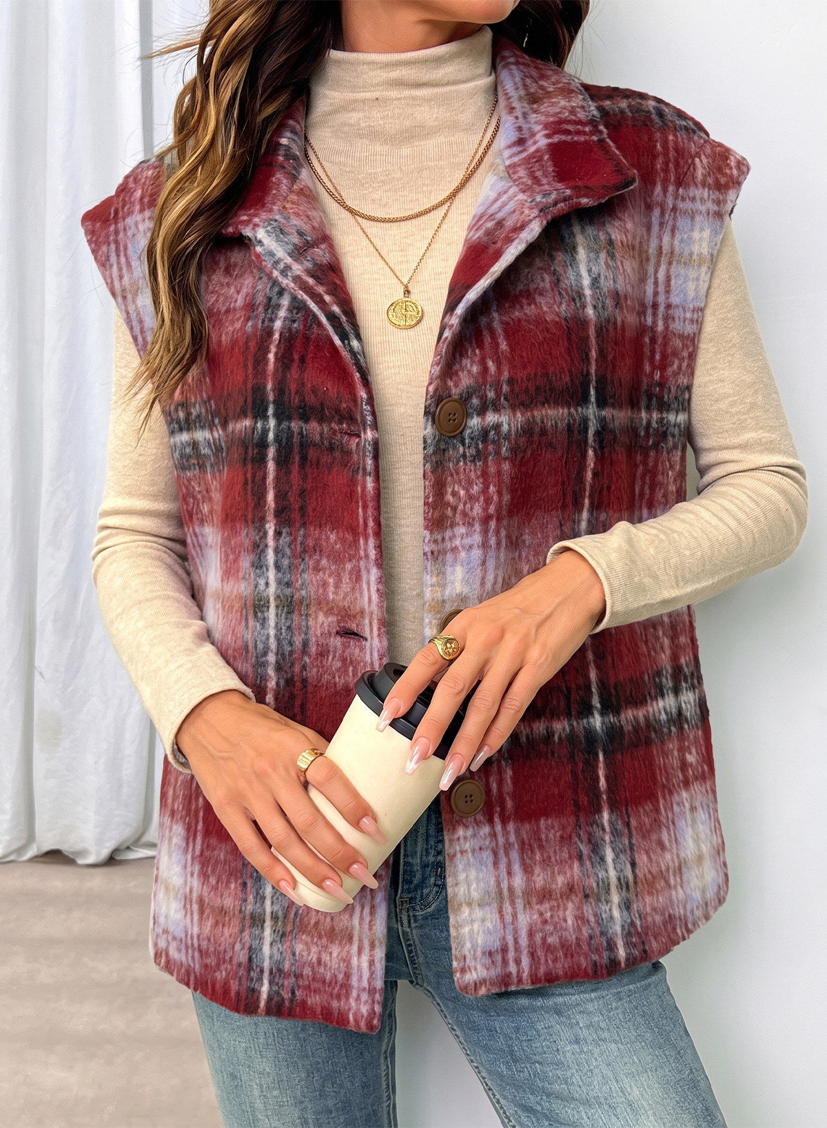 Dokotoo Oversized Plaid Vest Tops for Women Fleece Cap Sleeve Coats