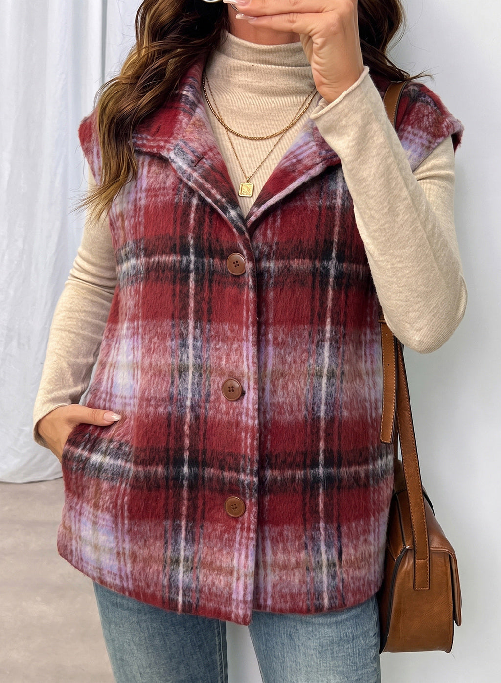 Dokotoo Oversized Plaid Vest Tops for Women Fleece Cap Sleeve Coats