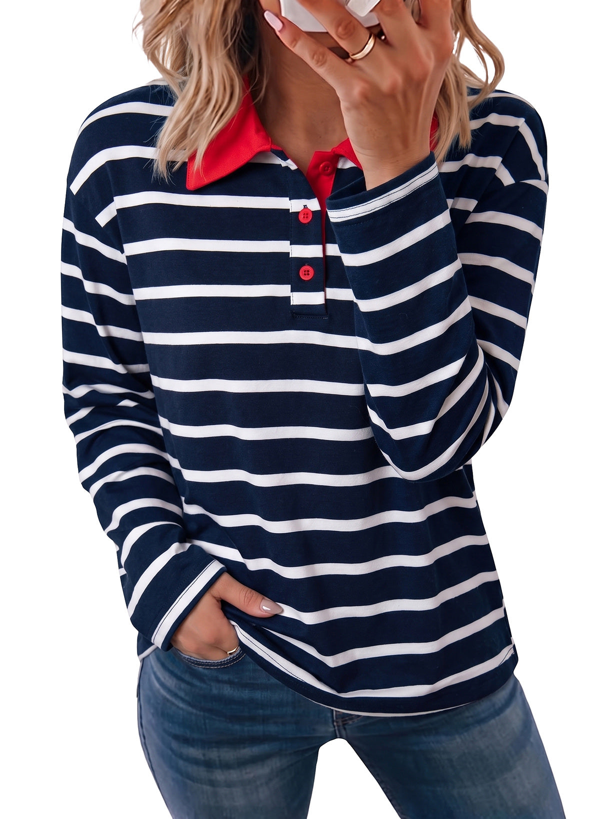Dokotoo Womens Tops Long Sleeve Striped Color Block Button Down Shirts