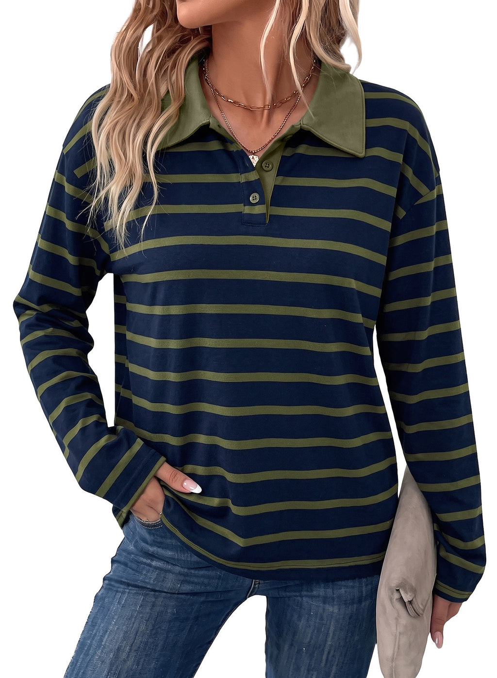 Dokotoo Womens Tops Long Sleeve Striped Color Block Button Down Shirts