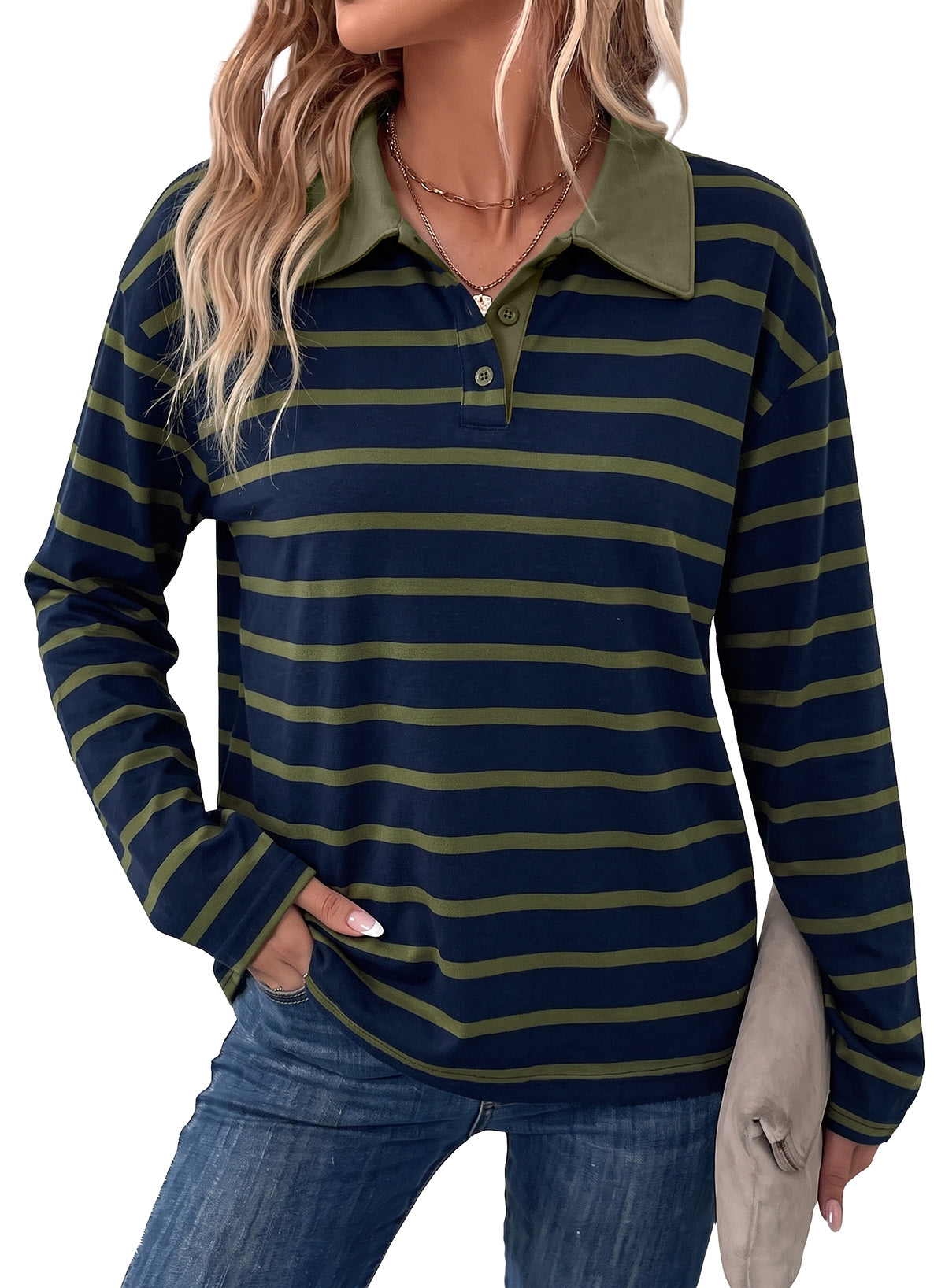 Dokotoo Womens Tops Long Sleeve Striped Color Block Button Down Shirts