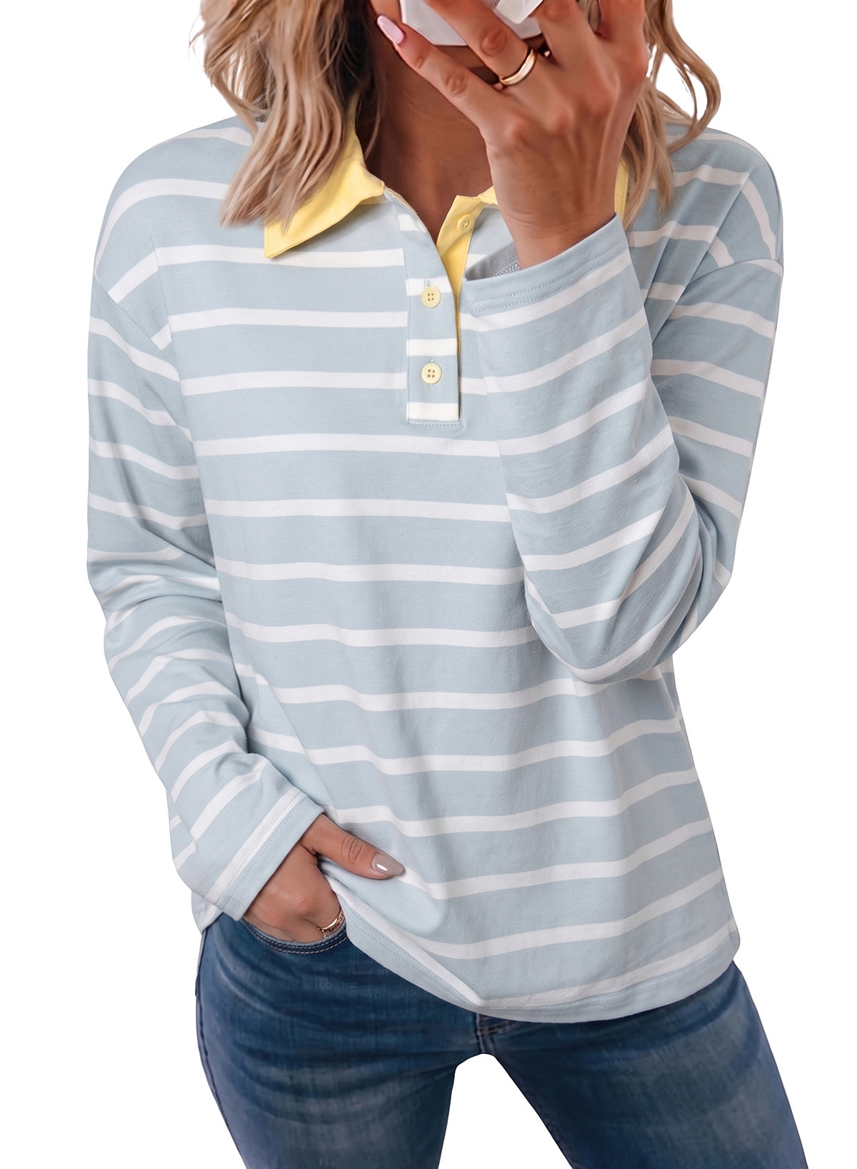 Dokotoo Womens Tops Long Sleeve Striped Color Block Button Down Shirts