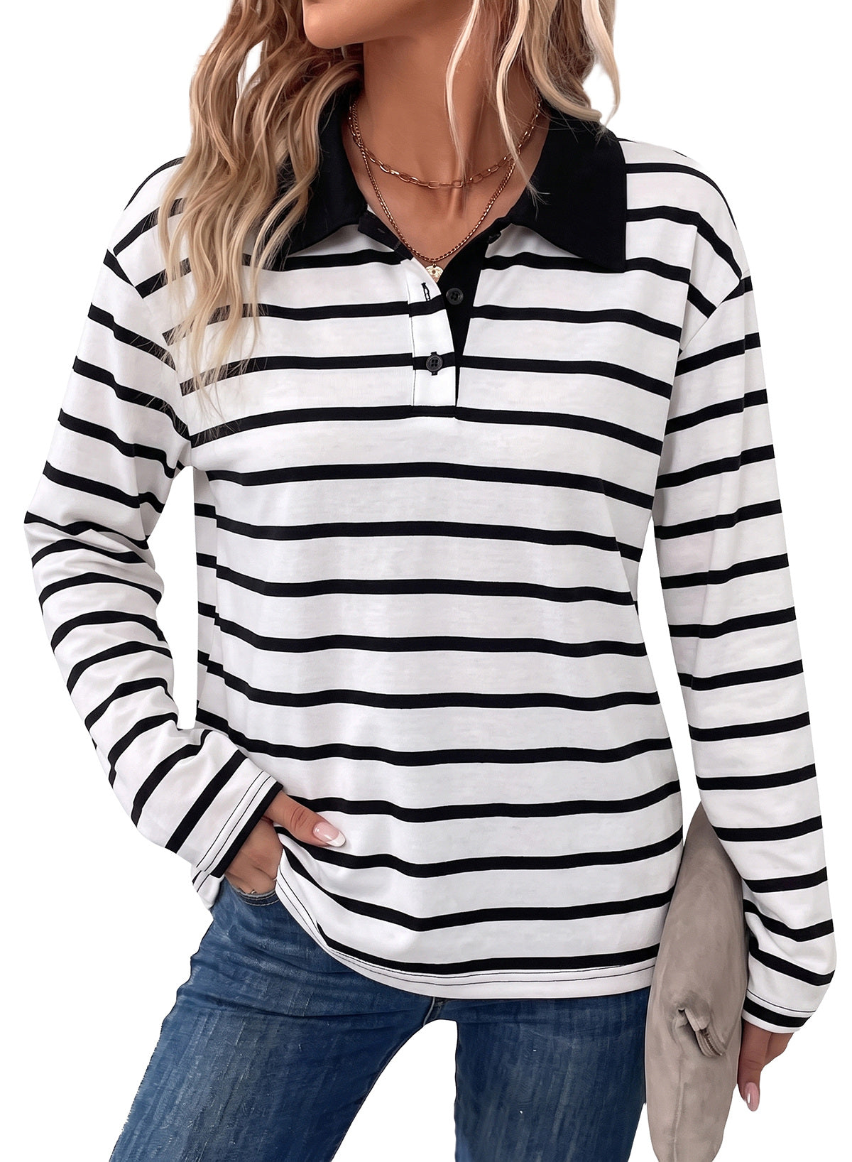 Dokotoo Womens Tops Long Sleeve Striped Color Block Button Down Shirts