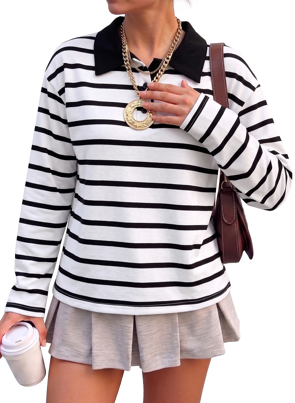 Dokotoo Womens Tops Long Sleeve Striped Color Block Button Down Shirts