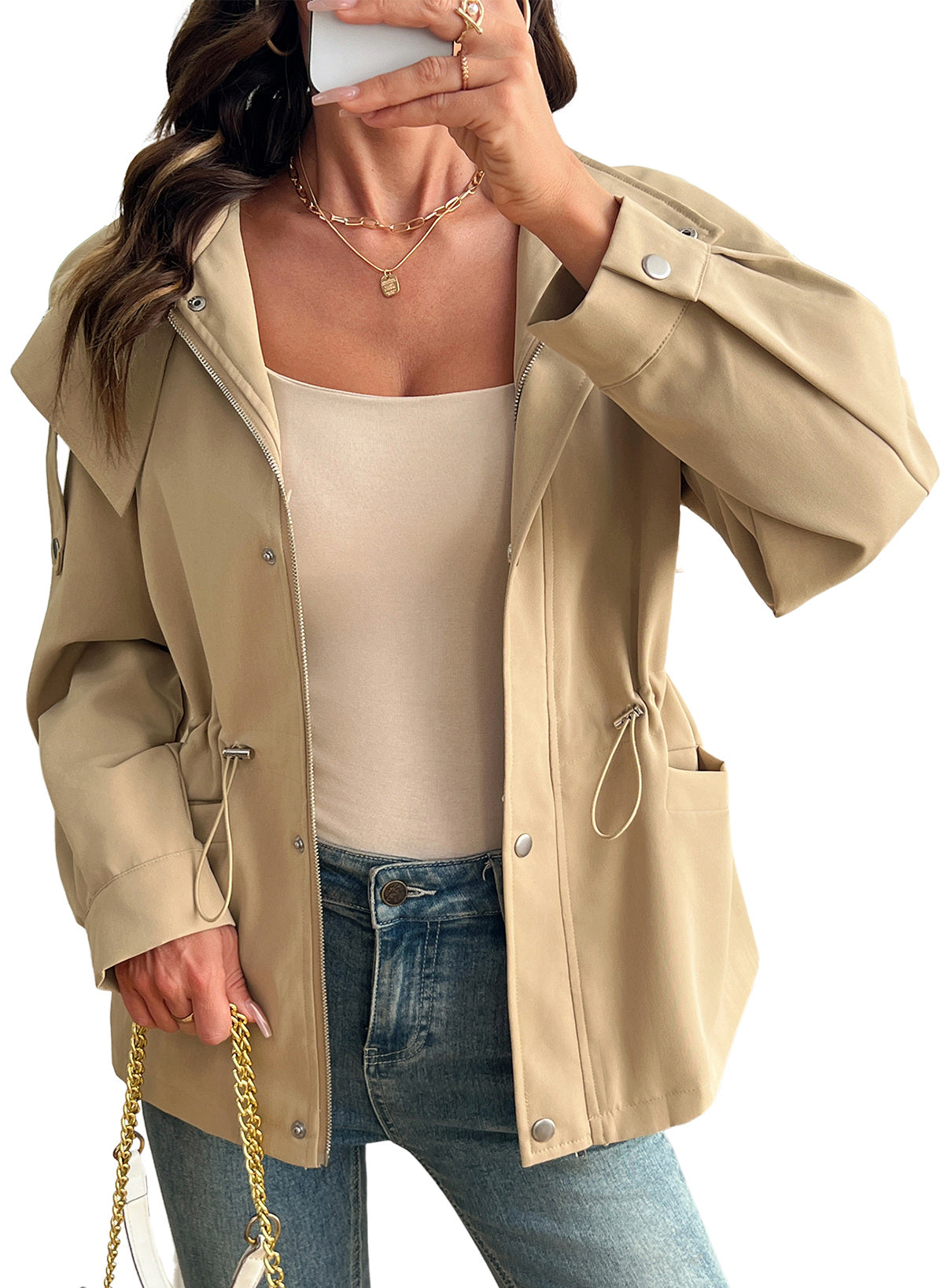 Dokotoo Women's Casual Drawstring Zip Hooded Trench Coat 2026 Outerwear Jacket