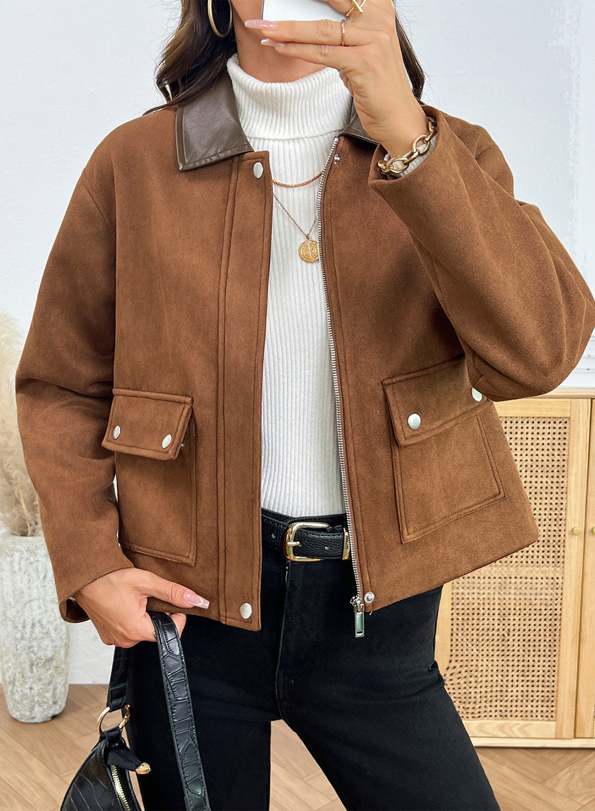 Dokotoo Womens Cropped Jacket 2026 Fall Collar Zip Button Coat with Pockets