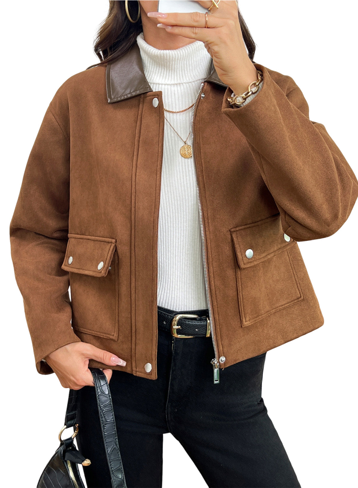 Dokotoo Womens Cropped Jacket 2026 Fall Collar Zip Button Coat with Pockets