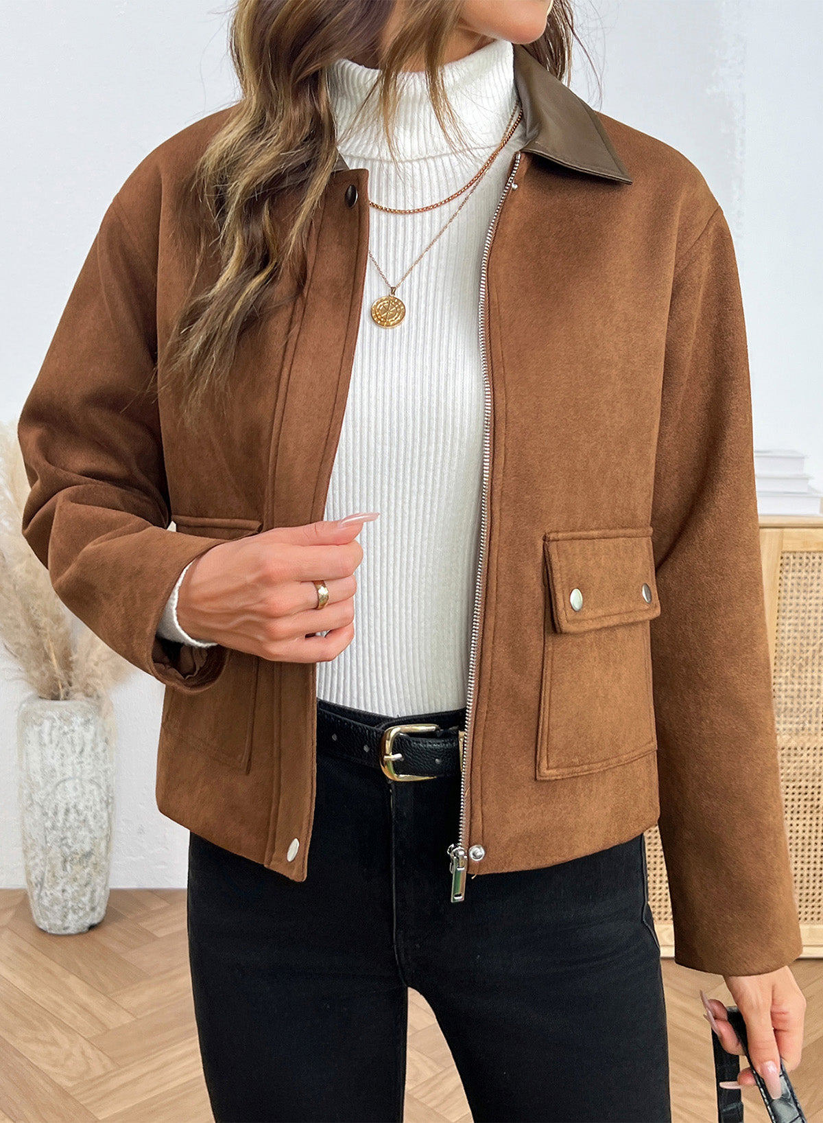 Dokotoo Womens Cropped Jacket 2026 Fall Collar Zip Button Coat with Pockets