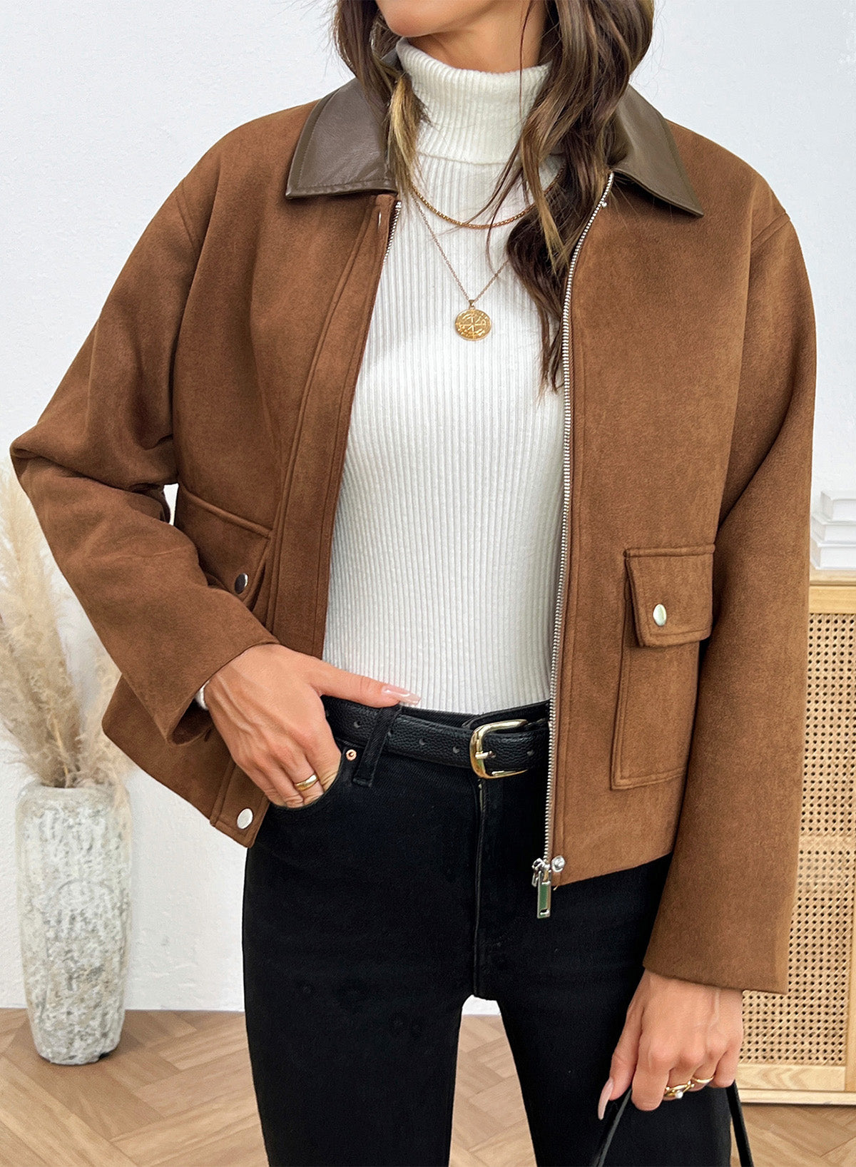 Dokotoo Womens Cropped Jacket 2026 Fall Collar Zip Button Coat with Pockets