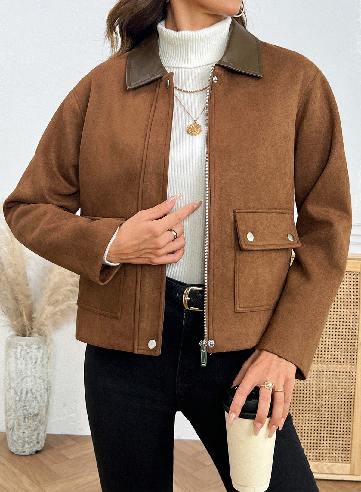Dokotoo Womens Cropped Jacket 2026 Fall Collar Zip Button Coat with Pockets