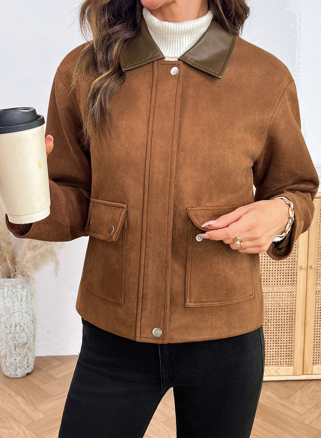 Dokotoo Womens Cropped Jacket 2026 Fall Collar Zip Button Coat with Pockets
