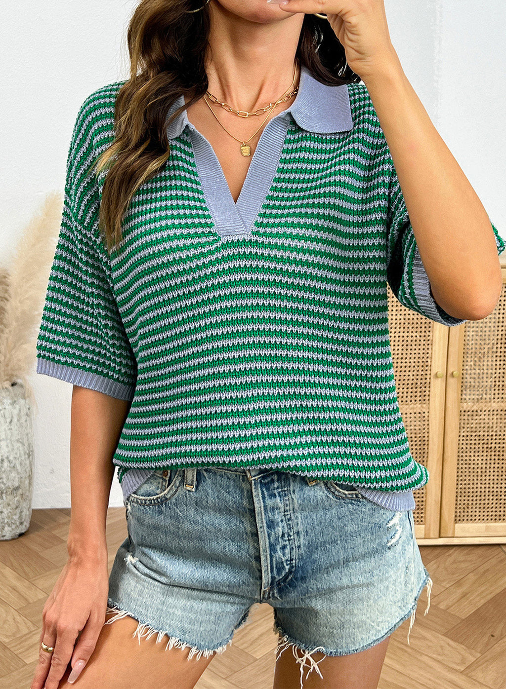 Collared Neck Contrast Striped Top and Shorts Sweater Set
